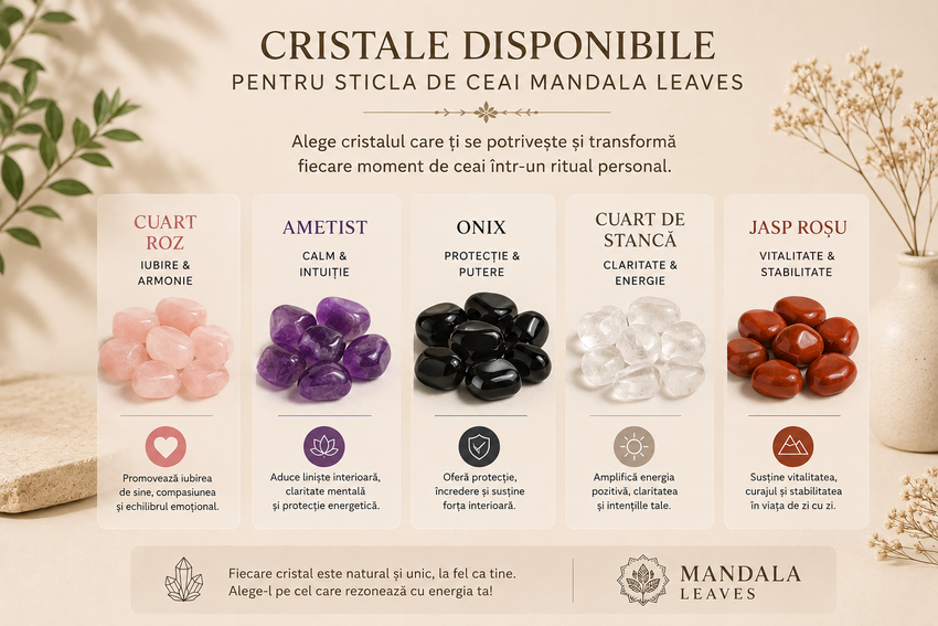 Pachet Antiinflamator – 2 Infuzii Premium Mandala Leaves + Sticlă cu Infuzor și Cristale Naturale