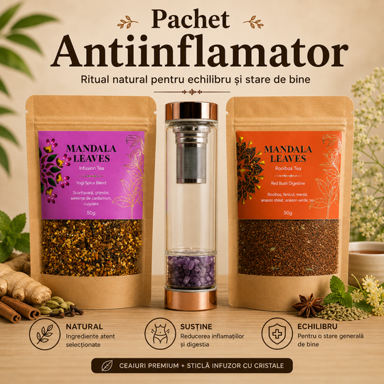 Pachet Antiinflamator – 2 Infuzii Premium Mandala Leaves + Sticlă cu Infuzor și Cristale Naturale